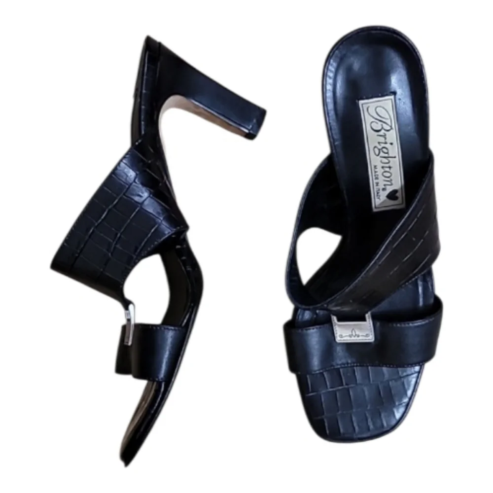 Brighton Ryan Black Croc Embossed Leather Sandals Square Toe Sz 6